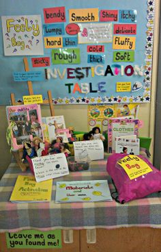 a table topped with lots of signs and posters