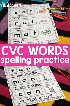 two cvc words spelling practice sheets with crayons in the background and text overlay