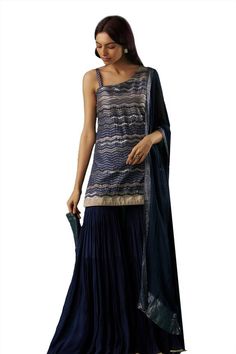 Blue one shoulder kurta with sequin embellished chevron motifs. Comes with tiered sharara and dupatta. - Aza Fashions Blue Designer Palazzo Set With Self Design, Designer Blue Self-design Palazzo Set, Blue Georgette Palazzo Set With Self Design, Blue Sleeveless Kurta For Festive Occasions, Festive Sleeveless Blue Kurta, Festive Blue Sleeveless Kurta, Traditional Blue Sleeveless Sharara, Sleeveless Blue Sets For Diwali, Blue Sleeveless Sets With Zari Work