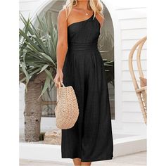 Black One-shoulder Pocketed Wide Leg Jumpsuit One Shoulder Jumpsuit For Summer, Chic Off-shoulder Beach Jumpsuits And Rompers, Chic Off-shoulder Jumpsuits And Rompers For Beach, Casual One-shoulder Jumpsuits And Rompers For Vacation, Chic Off-shoulder Jumpsuits And Rompers For Summer, Casual One-shoulder Jumpsuits And Rompers For Beach, Casual One-shoulder Jumpsuit For Beach, Chic One-shoulder Jumpsuits And Rompers For Vacation, Summer Strapless Solid Color Jumpsuit For Going Out