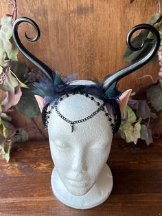 Renaissance Accessory Cosplay. Perfect for Medieval, Renaissance fair, Cosplay, Halloween,  THE COLORS: SAME AS THE PICTURE. THE HORNS Attach to a black headband and comes with a lace of beads. THE SIZE OF THE HORNS 4 inches tall. THE ELF EARS Short Fea Elf ear, made of soft latex. This item it will send on STANDARD MAIL (2 to 5 business days). in USA If you need sooner, please upgrade the shipping. Follow me for promos at: www.etsy.com/shop/JVDesignAndEngraving JV Design & Engraving on Instagra Black Fantasy Costume Accessories For Larp, Black Fantasy Cat Ears Costume Accessories, Black Cat Ears Fantasy Costume Accessories, Gothic Headpieces For Cosplay Events, Black Elven Costume For Halloween, Adjustable Black Costume Accessories For Fantasy Events, Black Elven Halloween Costume, Gothic Ears Costume Accessories For Cosplay, Fantasy Black Costume Accessories With Ears