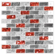 a red and grey brick wall with some white tiles on it's side,