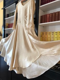 1920s Silk Satin Bride Dress With Wax Flower Posie | Etsy Cream Fitted Satin Dress For Formal Occasions, Formal Fitted Cream Satin Dress, Formal Cream Fitted Satin Dress, Elegant Cream Silk Satin Dress, Formal Cream Fitted Silk Dress, Formal Beige Satin Gown, Cream Satin Bias Cut Dress, Beige Satin Wedding Gown, Classic Satin Silk Dress