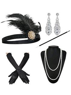 1920s Accessories Jewelry, 1920s Flapper Costume, Great Gatsby Headpiece, Long Black Gloves, Gatsby Accessories, 1920s Accessories