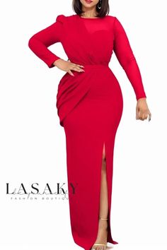 Lasaky - Exquisite Mesh-Stitched Long Evening Gown Solid Color Fitted Gown With Long Sleeves, Solid Long Sleeve Fitted Gown, Solid Color Long Sleeve Fitted Gown, Dramatic Entrance, Tight Dress Outfit, Casual Dresses Plus Size, Wedding Guest Style, Long Gown Dress, Long Evening Gowns