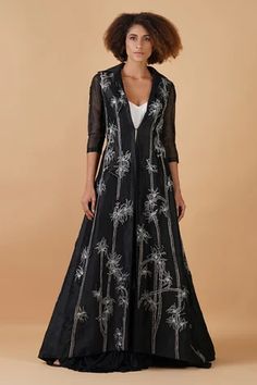 Shop for Samant Chauhan Black Linen Silk Floral Embroidered Jacket With Gown for Women Online at Aza Fashions Elegant Embroidered Festive Jacket Dress, Elegant Dress With Resham Embroidery And Front Open, Elegant Fitted Jacket Dress For Festive Occasions, Embroidered Formal Maxi Sets, Floor-length Floral Embroidery Fitted Sets, Fitted Floral Embroidery Floor-length Sets, Fitted Floor-length Sets With Floral Embroidery, Spring Floor-length Gown For Occasion Wear, Floral Embroidered Floor-length Gown