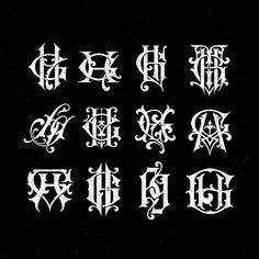 some type of gothic font that is white on the black background, with different letters and numbers