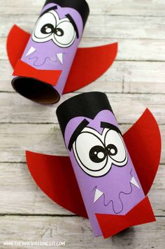 two toilet paper roll crafts that look like cartoon characters