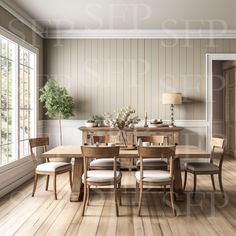 a dining room table and chairs in front of a large window with striped wallpaper