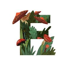 the letter e is surrounded by plants and mushrooms