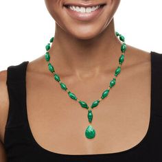 Ross-Simons - 159.00ct t. w. Emerald Y-Necklace in 18kt Gold Over Sterling. 18". Showing off a generous presentation of 145.00 ct. t. w. barrel and rondelle faceted emerald beads with a 14.00 carat pear-shaped emerald drop, this Y-necklace brings quintessential lush green color to your wardrobe. Set in polished 18kt yellow gold over sterling silver. Lobster clasp, emerald Y-necklace. Emerald birthstones are the perfect gift for May birthdays. Formal Single Strand Emerald Necklace, Formal Faceted Briolette Necklaces, Formal Briolette Faceted Necklace, Luxury Faceted Beaded Necklace For Formal Occasions, Luxury Formal Faceted Beaded Necklaces, Luxury Formal Faceted Beaded Necklace, Luxury Yellow Gold Beaded Necklace For Formal Occasions, Luxury Yellow Gold Beaded Necklaces For Formal Occasions, Elegant Yellow Gold Beaded Necklace For Formal Occasions