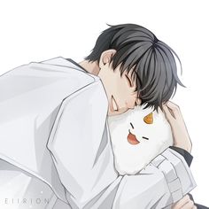 an anime character hugging another character with his face close to the pillow that he is holding