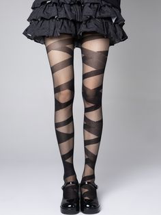 Elevate your summer wardrobe with these stunning Gothic white/black bandage print summer tights. Made from high-quality, breathable fabric, these tights feature a striking bandage print design that adds a touch of edgy sophistication to any outfit. Whether you're pairing them with a gothic-inspired ensemble or adding a bold statement to a casual look, these tights are a versatile and stylish addition to your collection.  Please note that this product includes only one pair of tights. Dark Kawaii, Calf Leg, Kawaii Socks, Asymmetrical Design, Lace Ruffle, Harajuku Fashion, Summer Wardrobe, Stripes Pattern, White Lace