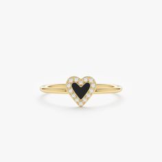 We've got heart eyes for this dainty solid gold and diamond ring. Add a little love to your ring stack with this adorable black enamel mini heart! Pick your favorite among Yellow, White, Rose Gold or Platinum. - Handmade - Solid Gold - Natural Diamonds  - G Color, SI Quality Diamonds - Total Diamond Carat Weight: 0.07 ctw - Dimension of Heart: 7 mm - Band Thickness: 1.2 mm 🛠 Your Sarah Elise piece is handcrafted with care! Ready-to-ship items go out within 3 business days. Made-to-order pieces typically take 7-10 business days to create. If you need something sooner, please contact us - we'll see if we can make it happen! For estimated shipping dates and tracking, check your Etsy account under 'Orders'. 🚐Orders under $100 are sent with USPS First Class Mail tracking; orders more than $10 Valentine's Day Heart Ring With Single Diamond, Black Enamel Diamond Jewelry For Anniversary, Gift Diamond Ring With Black Enamel, Black Enamel Diamond Ring As Gift, Black Enamel Diamond Ring For Gift, Black Enamel Ring For Anniversary, Gift Black Enamel Diamond Ring, Anniversary Black Enamel Diamond Jewelry, Gold Heart-shaped Enamel Ring For Anniversary