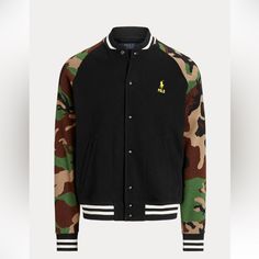 Polo Ralph Lauren Camo Sleeve Baseball Jacket 2xlt New With Tags. Sporty Long Sleeve Camouflage Outerwear, Sporty Camouflage Outerwear For Fall, Black Military Style Outerwear For Work, Black Cotton Varsity Jacket For Outdoor, Fitted Camouflage Casual Outerwear, Casual Camouflage Workwear Outerwear, Baseball Jacket Outfit, Jacket Outfit, Camouflage Print