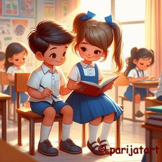 two children sitting on chairs reading books in a classroom