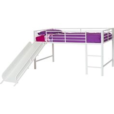 a white bunk bed with a slide and purple sheets on the bottom floor, in front of a white background