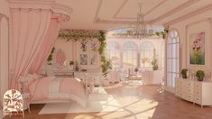 the bedroom is decorated in pink and white