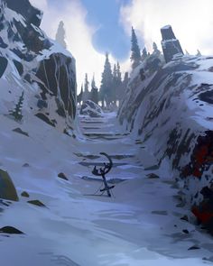 a screenshot of a snowy mountain with rocks and trees