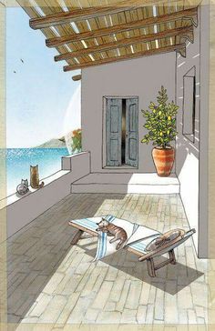 a drawing of an outdoor patio with chaise lounge and potted plant on the deck