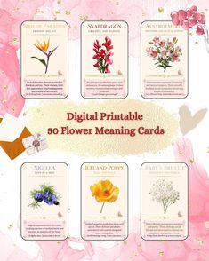 flowers are shown with the words digital printable 50 flower meaning cards