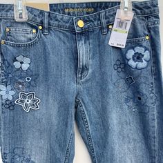 Michael Kors Embroidered Jeans~Nwt~Relaxed Jeans~Size 8 Blue Relaxed Fit Jeans With Floral Embroidery, Blue Jeans With Floral Embroidery, Relaxed Fit, Blue Floral Embroidery Relaxed Fit Jeans, Relaxed Jeans, Embroidered Jeans, Jeans Size, Color Blue, Michael Kors, Women Jeans