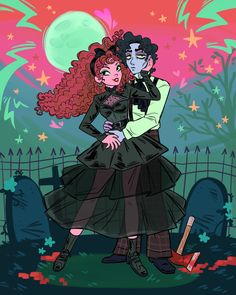 a man and woman dressed up as witches hugging in front of a cemetery with the moon behind them