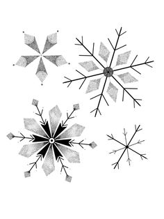 three snowflakes are shown in black and white, one is drawn on paper