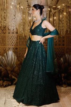 Shop for Archana Kochhar Green Sequin Embroidered Lehenga Set for Women Online at Aza Fashions Gowns Dresses For Reception, Sangeet Shimmer Outfit, Dark Green Lehenga Designs, Lehenga Designs Sleeveless, Sequin Lehenga Indian Weddings, Dark Colour Lehenga, Dark Green Lehenga Combination, Dark Green Lengha, Shimmer Lehenga Sequins