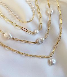 14K Gold Filled 10x3 mm Paper Clip Chain With Genuine Fresh Water Pearl. This chain will not tarnish and is hypo-allergenic which is safe for sensitive skin. Pearl Paperclip Necklace, Pearl Chain Link Jewelry Gift, Pearl Chain Link Necklace For Gift, Pearl Chain Link Jewelry For Gifts, White Dainty Chain Necklace Tarnish Resistant, Dainty White Tarnish-resistant Chain Necklace, Everyday White Tarnish Resistant Chain Necklace, Elegant Gold Hypoallergenic Chain Necklace, Elegant Hypoallergenic Chain Necklace