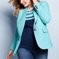 Classic Shetland Blazer. Timeless Style That Always Feels New. Wool-Blend Bi-Color Herringbone Fabric With Exceptional Tailoring. Finished With A Flattering Back Inset Waistband, Velvet Trim, Button Cuffed Sleeves And Crest Buttons. Turquoise Branding, Light Blue Jacket, Business Casual Blazer, Plaid Peacoat, Herringbone Blazer, Herringbone Fabric, Houndstooth Blazer, Wool Blend Jacket, Cotton Blazer