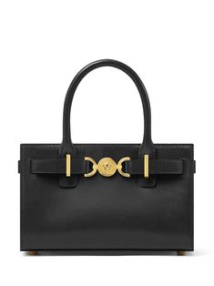 black calf leather magnetic fastening two rolled top handles detachable shoulder strap strap detailing Medusa Head motif metal feet logo print to the rear main compartment internal slip pocket internal logo stamp Dramatic Gamine, Balmain Bag, Soul Contract, Versace Gold, Paris Shopping, Versace Bags, Zodiac Constellations, Tote Bag Black, Mini Tote Bag