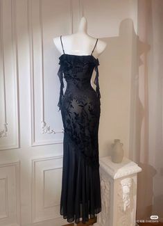 Black Spaghetti, Black Spaghetti Strap, Long Evening Dress, Lace Mermaid, Floral Lace Dress