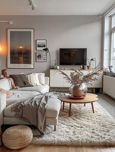 a living room filled with furniture and a large window next to a white rug on top of a hard wood floor