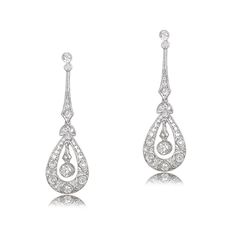 GS590_TV Diamond Filigree Earrings, Estate Diamond Jewelry, Platinum Earrings, Edwardian Style, Tear Drop Earrings, Diamond Earring, Filigree Earrings, Edwardian Fashion, Accessories Jewelry Earrings