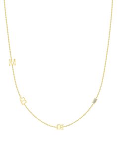 This 14k yellow gold custom tiny personalized necklace is made with three (3) initials of your choice. Monogram it to your liking! You can also choose to add a bezeled baguette or round diamond. Great to display your own initials, your children's initials for a new mom, or anyone else you want to wear close to your heart. Comes in chain lengths 16" & 18" or adjustable 18" with loops at 16" & 17" . Custom made, please allow 2-3 weeks for shipment. Details 14k yellow gold Bezeled Baguette Personalized Initials Yellow Gold Name Necklace, 14k Gold Monogram Name Necklace For Personalized Gift, 14k Gold Monogram Name Necklace, Personalized Yellow Gold Initial Necklace With Custom Name, Personalized Monogram 14k Gold Name Necklace, 14k Gold Initial Necklace For Personalized Gift, Customizable Yellow Gold Initial Pendant Necklace, Yellow Gold Monogram Initial Necklace, Custom Yellow Gold Initial Pendant Necklace