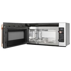 a microwave oven with its door open on a white background and no one in it