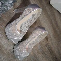 Size 7 Brand New Synthetic Platform Wedding Shoes With Round Toe, Synthetic Round Toe Wedding Shoes With Platform, Synthetic Wedding Shoes With Platform And Round Toe, Synthetic Closed Toe Wedding Shoes, Synthetic Round Toe Wedding Shoes, Spring Wedding Slip-on Shoes, Silver Round Toe Wedding Shoes For Spring, Silver Heels With Round Toe In Synthetic Material, Silver Synthetic Heels With Round Toe