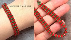 two pictures of red and green beaded bracelets on someone's hand, one is wearing a necklace