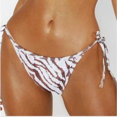 Boohoo Beach Bikini Swim Bottom New With Tag Size Us 20 Tiger Print - Cream With Brown Stripes Side Ties High Cut 82% Polyamide, 18% Elastane Bohemian Swimwear With Drawstring For Beach Party, Bohemian Swimwear With Drawstring For Beach Season, Bohemian Swimwear With Drawstring For Vacation, Bohemian Drawstring Swimwear For Beach Party, Bohemian Drawstring Swimwear For Beach Season, White Beachy Swimwear With Drawstring, White Bikinis, Red Swimsuit, Cheeky Bikinis