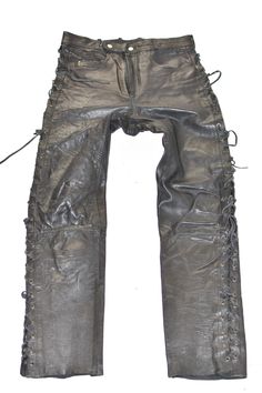 "Vintage BERTO LUCCI Men's Lace Up Real Leather Biker Motorcycle Black Trousers Pants  Size W30\" L30\" ############### Exact Material: Genuine Leather Garment Care: Dry-clean Only ###############   Lying flat on the floor inches and cm: Waist - 15.25\" (38.7 cm) Inside leg - 30.75\" (78 cm)  Rise - 13\" (33 cm)  Hem - 7\" (17.8 cm)  Total length - 40.75\" (103.5 cm) Weight approx - 1360 g The trousers are good condition with a vintage smell. Please attention to all pictures. *Please note that most of my items are vintage and has therefore been previously used unless stated otherwise. Vintage items will have some degree of wear, bobbling or a musty smell. Please take this into consideration when purchasing. If the item has any defects these will be stated in the listing and I do my very be Biker Wear, Motorcycle Black, Motorcycle Pants, Trousers Pants, Black Trousers, Vintage Polo, Leather Lace, Trouser Pants, Leather And Lace