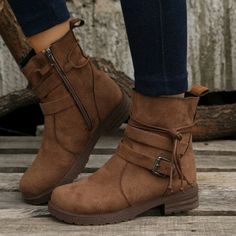 Camel Brown Buckle Decor Tie Side Faux Suede Combat Boots Botas Chelsea, Orthopedic Shoes, Ankle Shoes, Buckle Ankle Boots, Rounded Toe Boots, Buckle Shoes, Vintage Boots, Round Toe Heels, Martin Boots