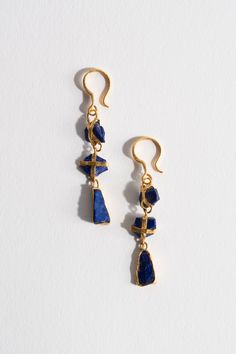 Lou Zeldis 22K Three Drop Lapis Earrings Gold Lapis Lazuli Gemstone Earrings, Gold Lapis Lazuli Pierced Earrings, Gold Pierced Earrings With Lapis Lazuli, Gold Lapis Lazuli Earrings, Gold Earrings With Natural Lapis Lazuli Stones, Gold Lapis Lazuli Drop Earrings, Lapis Earrings, S Signature, Signature Design