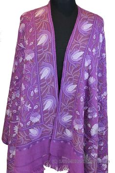 Kashmir embroidered shawls are world famous for their embroidery, beauty, texture a design. Opulence and mystique are the hallmark of hand embroidered Kashmir shawls. The elegance of this beautiful purple lavender colored shawl is an epitome of class displayed by the lustrous natural sheen of hand embroidery. There is nothing like the experience of hand embroidered floral design shawl. A floral design shawl drapes you in flowers for a lifetime. The original Mughal floral shawls were created in t Traditional Lavender Floral Embroidered Dupatta, Elegant Purple Embroidered Fabric With Dupatta, Elegant Lavender Dupatta With Intricate Embroidery, Elegant Lavender Embroidered Dupatta, Elegant Lavender Chikankari Embroidery Dupatta, Traditional Lavender Dupatta With Chikankari Embroidery, Purple Bohemian Dupatta With Motifs, Traditional Purple Embroidered Floral Fabric, Traditional Purple Floral Embroidered Fabric