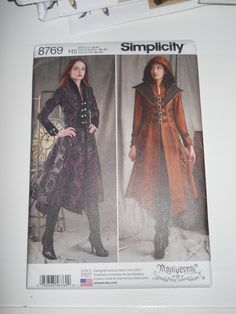 Simplicity 8769 sewing pattern in sizes H5 for 6, 8, 10, 12, 14 OR R5 for 14, 16, 18, 20 and 22. This is a cosplay and steampunk costume maker's dream pattern. You can go Victorian, steampunk, fantasy universe, military or historical jacket. Suggested fabrics are medium-weight stable fabrics such as brocade, crepe, damask, dupioni, faille, gabardine, linen types, satin, shantung, taffeta, velvet and wool types. This listing is for the pattern, only. This pattern was purchased new and is uncut an Hooded Dress Sewing Pattern, Goth Costume, Victorian Coat, Steampunk Jacket, Costume Sewing Patterns, Costume Patterns, Steampunk Costume, Military Style Jackets, Hooded Dress