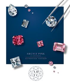 an ad for argyle pink diamonds and other jeweled jewels on a blue background