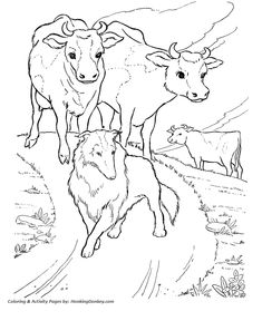 two cows and a wolf are walking down the road in this black and white drawing