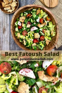 a salad in a wooden bowl with lettuce, tomatoes and croutons