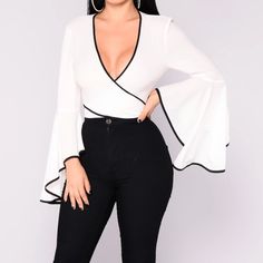 Brand New Polyester Bell Sleeve Wrap Waist Cropped Blouse White Long Sleeve Top For Date Night, White V-neck Top For Date Night, Stretch White Tops For Date Night, White Stretch Top For Date Night, White V-neck Top For Night Out, Black Bell Sleeve Top, Bell Sleeve Bodysuit, Grad Photoshoot, Cropped Blouse