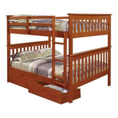 a wooden bunk bed with two sets of drawers on the bottom and one drawer underneath it